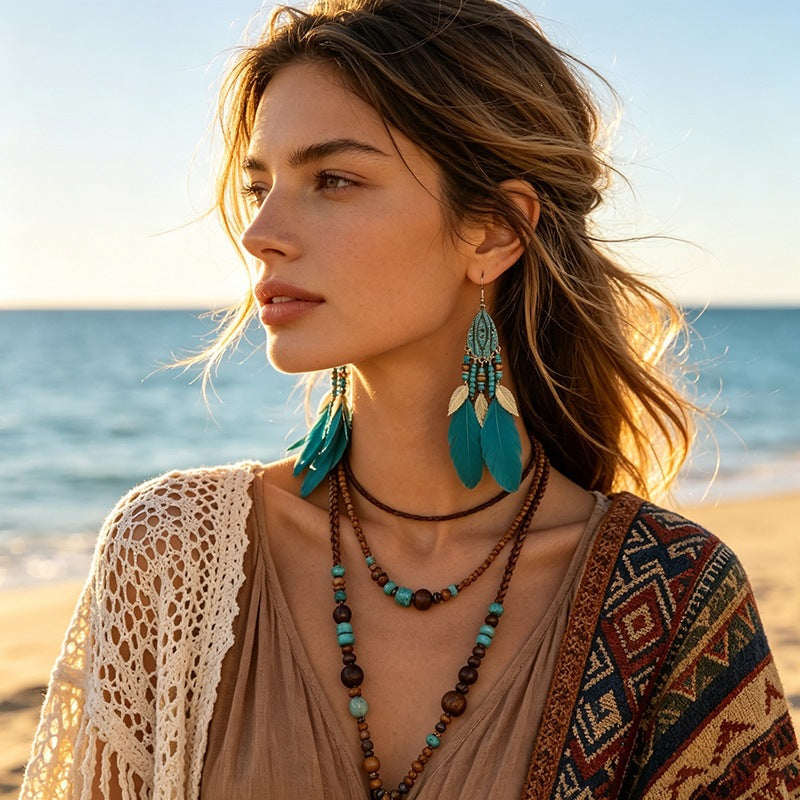 Bohemian Turquoise Feather Earrings