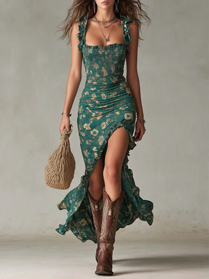 Emerald Bloom Ruffle Maxi Dress