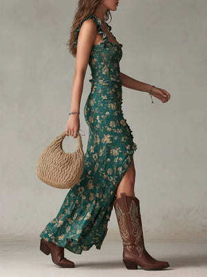 Emerald Bloom Ruffle Maxi Dress