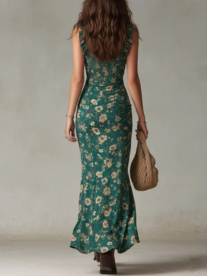 Emerald Bloom Ruffle Maxi Dress