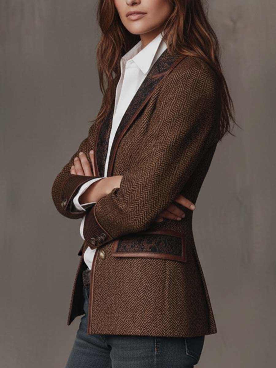 Elara Herringbone Contrast Blazer