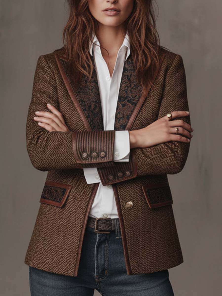 Elara Herringbone Contrast Blazer