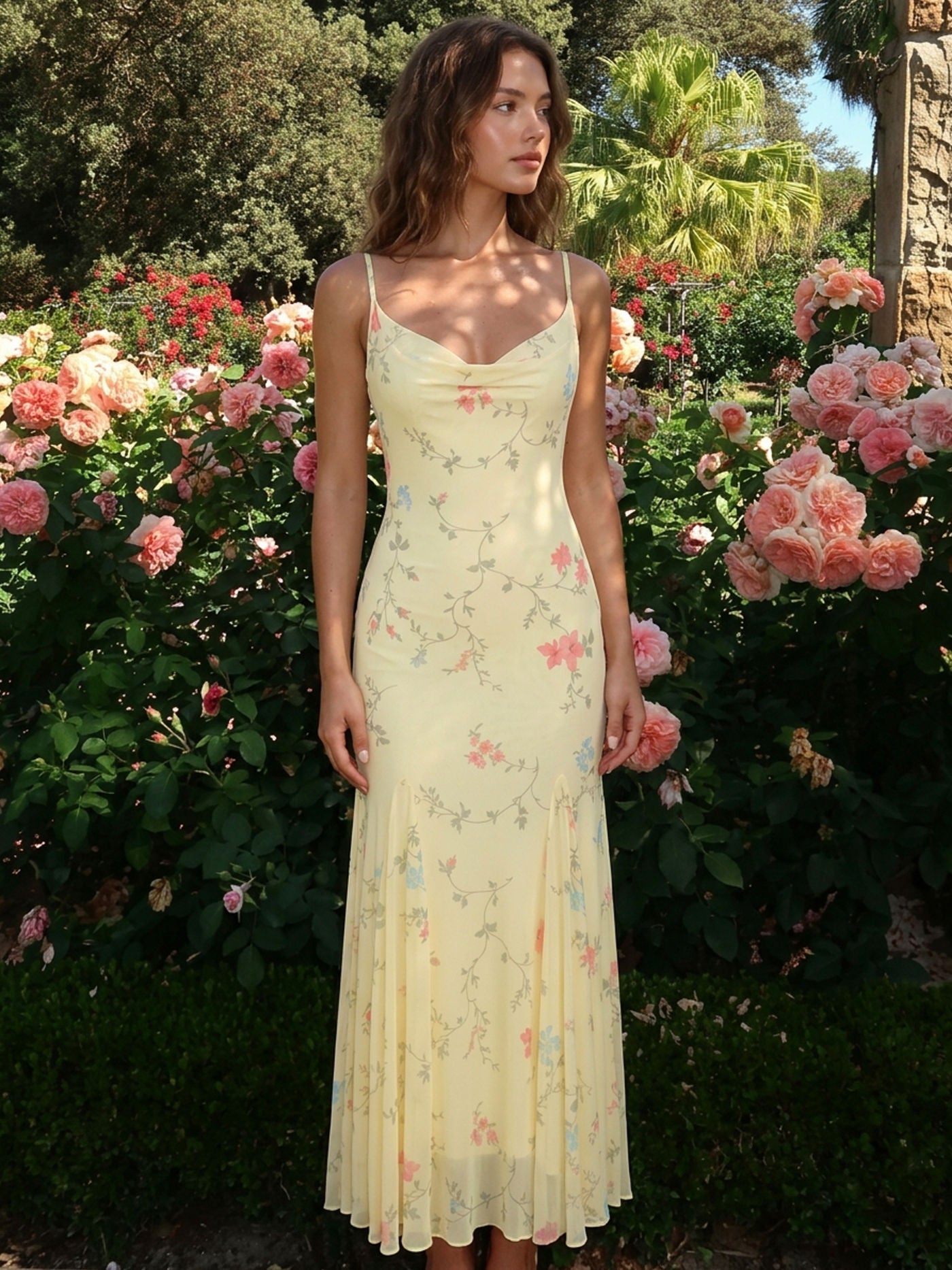 Mesh Sweetheart Floral A-Line Maxi Dress
