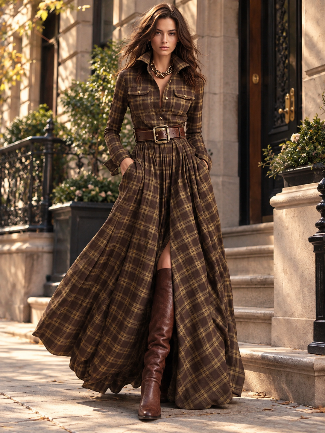 Elara Plaid Maxi Dress with Belt