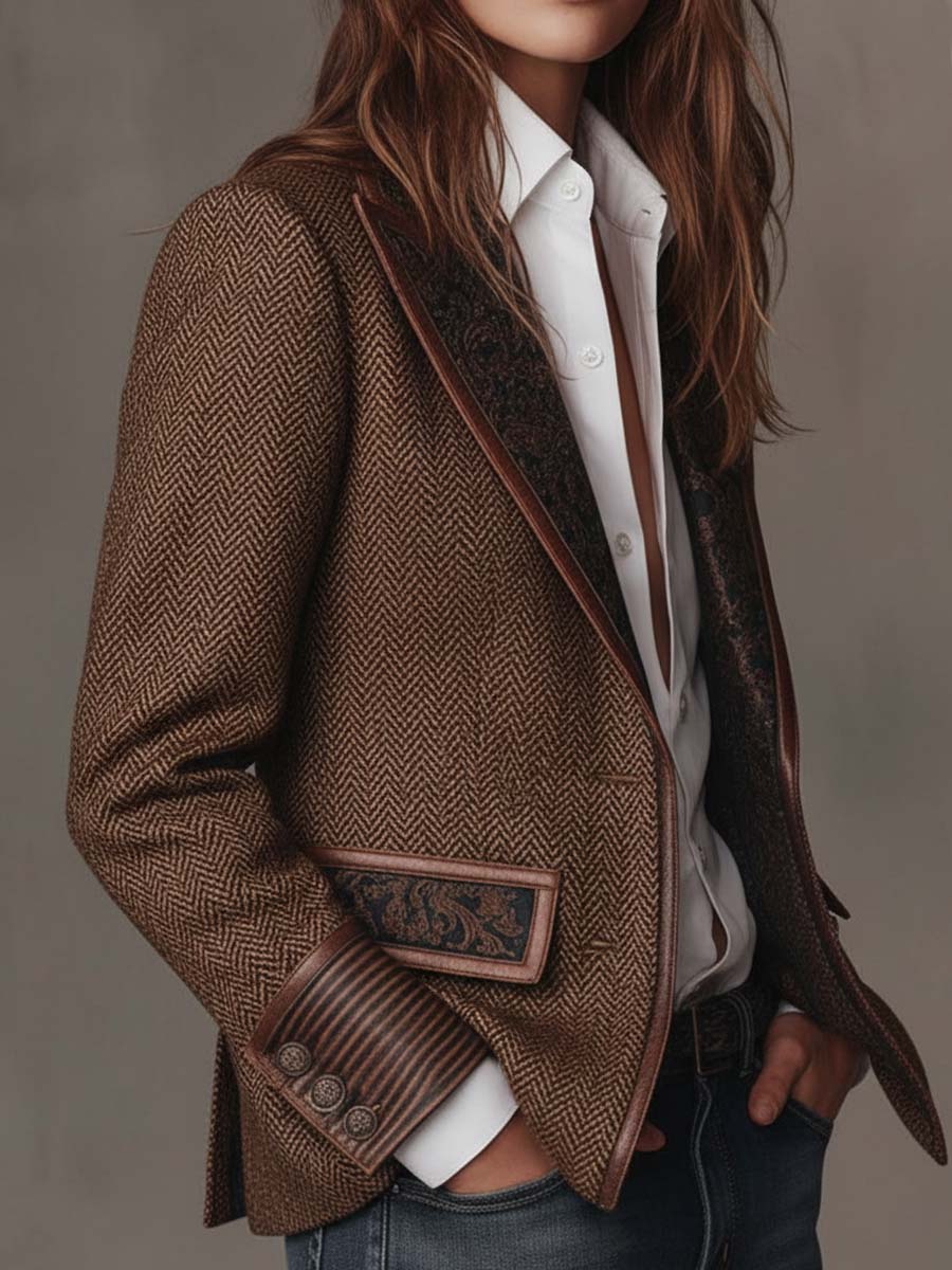 Elara Herringbone Contrast Blazer