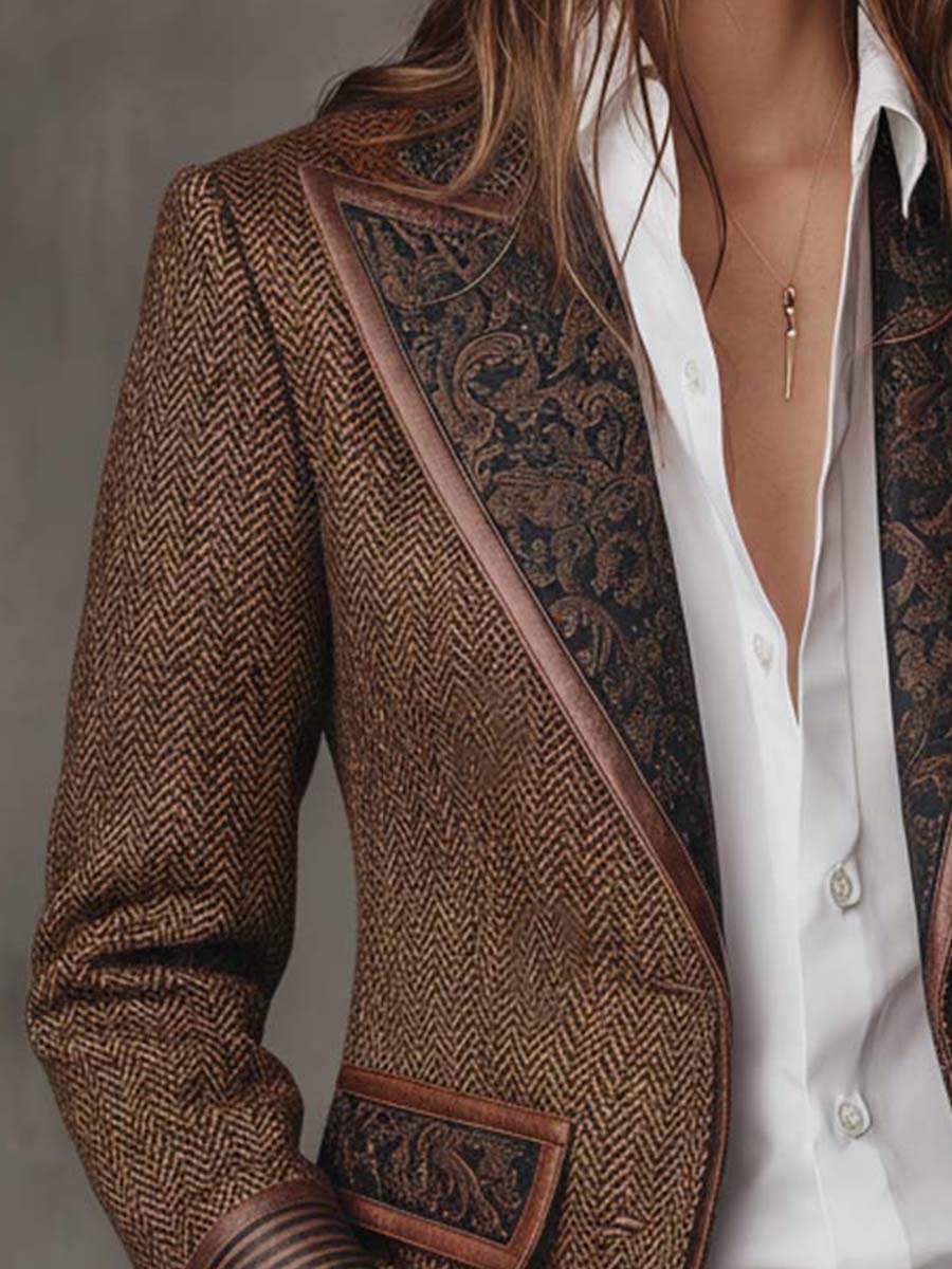Elara Herringbone Contrast Blazer