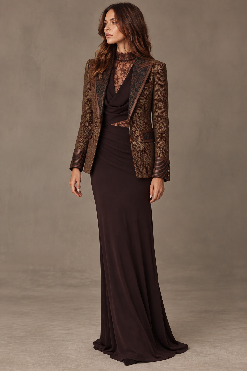 Elara Herringbone Contrast Blazer