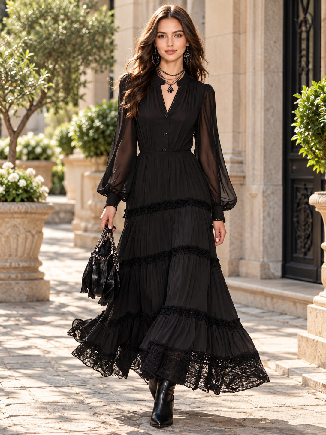 Sheer Sleeve Lace-Tiered Maxi Dress