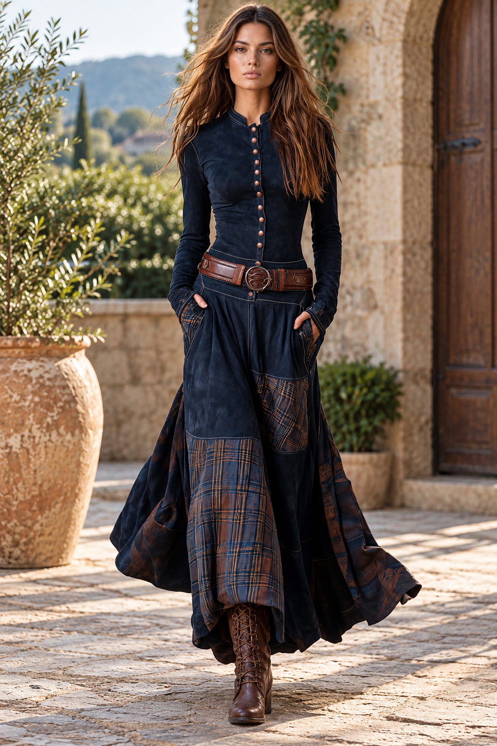 Suede Plaid Patchwork Dress with Belt