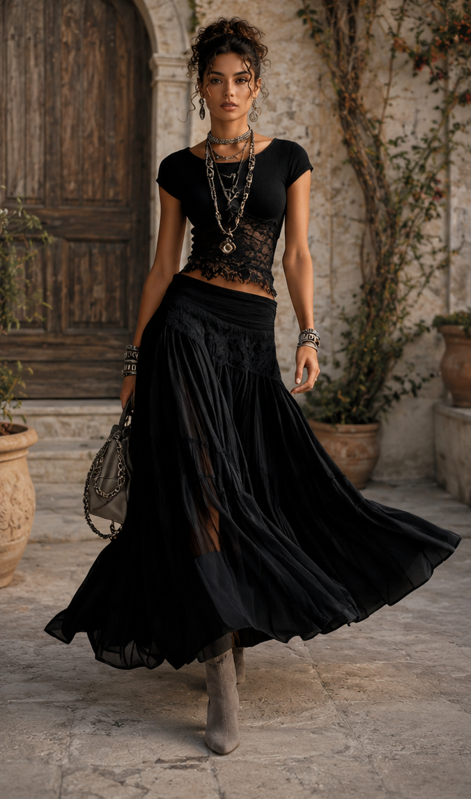 Bohemian Knit Top and Tiered Maxi Skirt Set