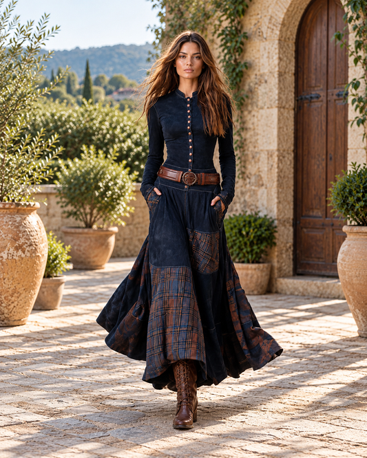 Suede Plaid Patchwork Dress with Belt