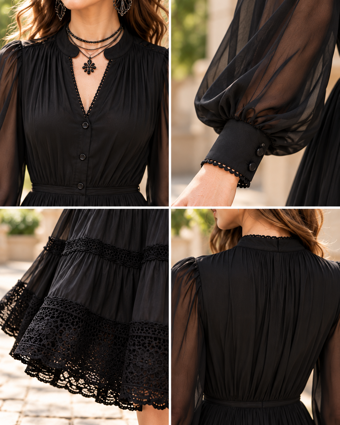 Sheer Sleeve Lace-Tiered Maxi Dress
