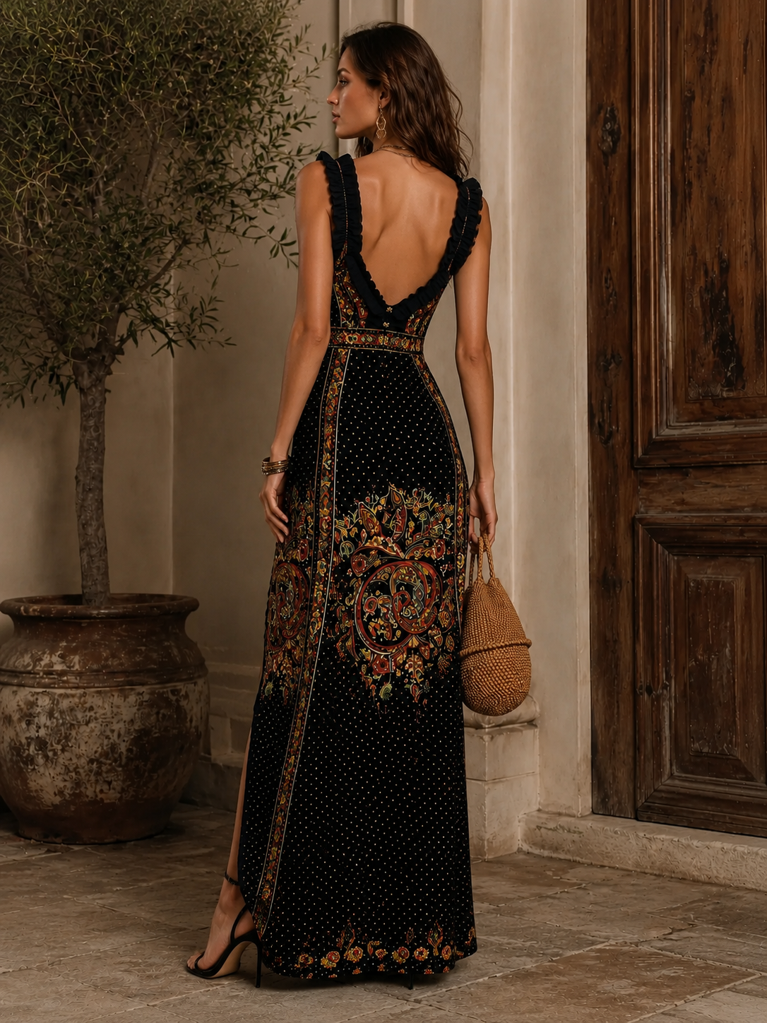 Midnight Paisley Ruffle Maxi Dress