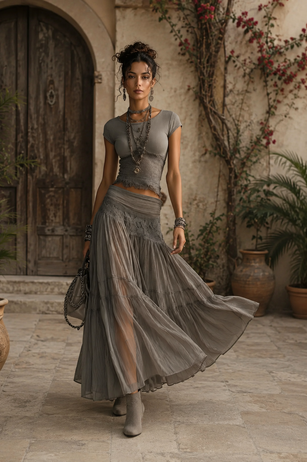 Bohemian Knit Top and Tiered Maxi Skirt Set