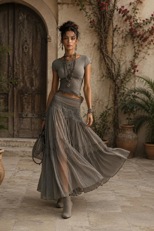 Bohemian Knit Top and Tiered Maxi Skirt Set