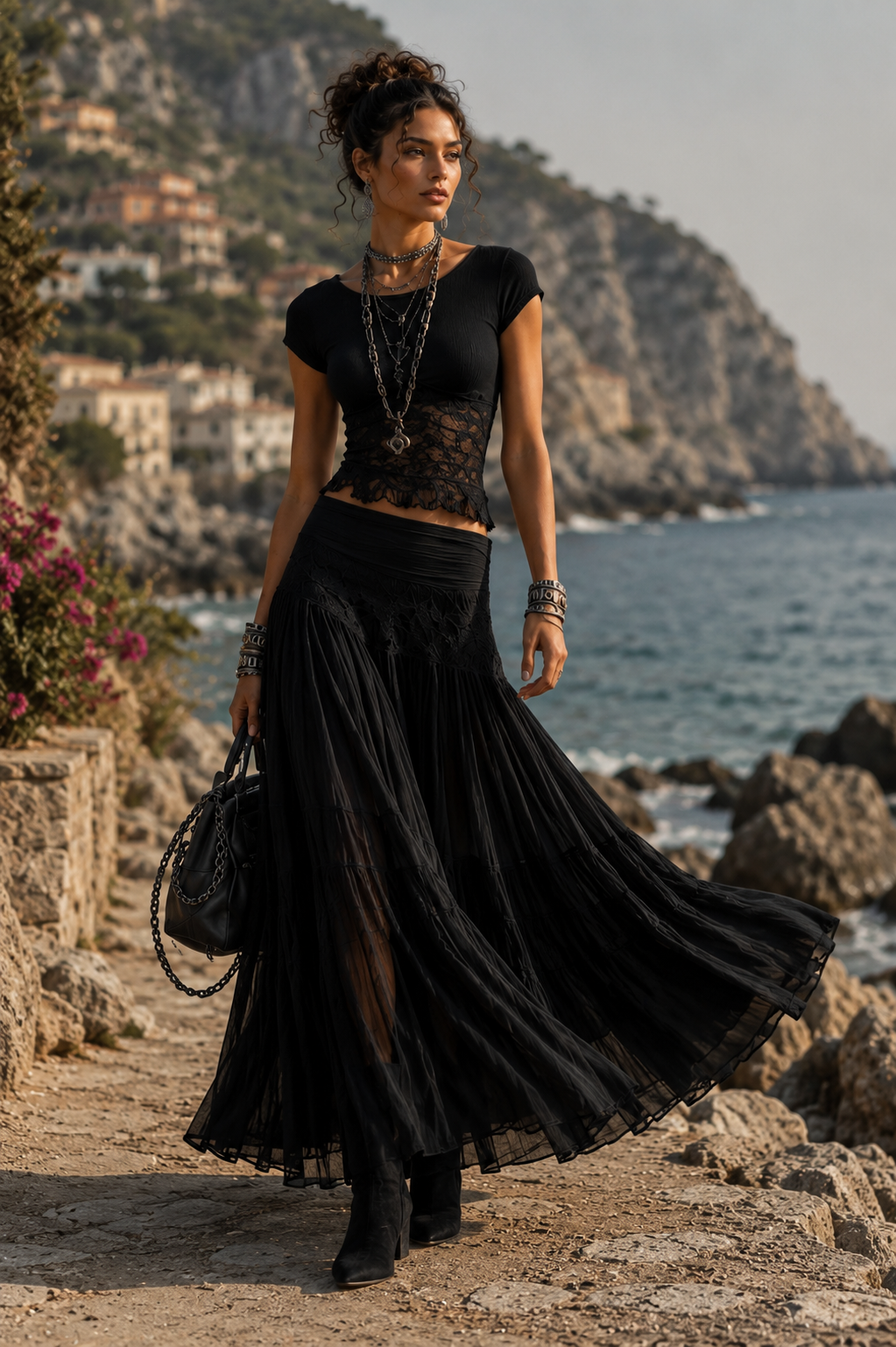 Bohemian Knit Top and Tiered Maxi Skirt Set