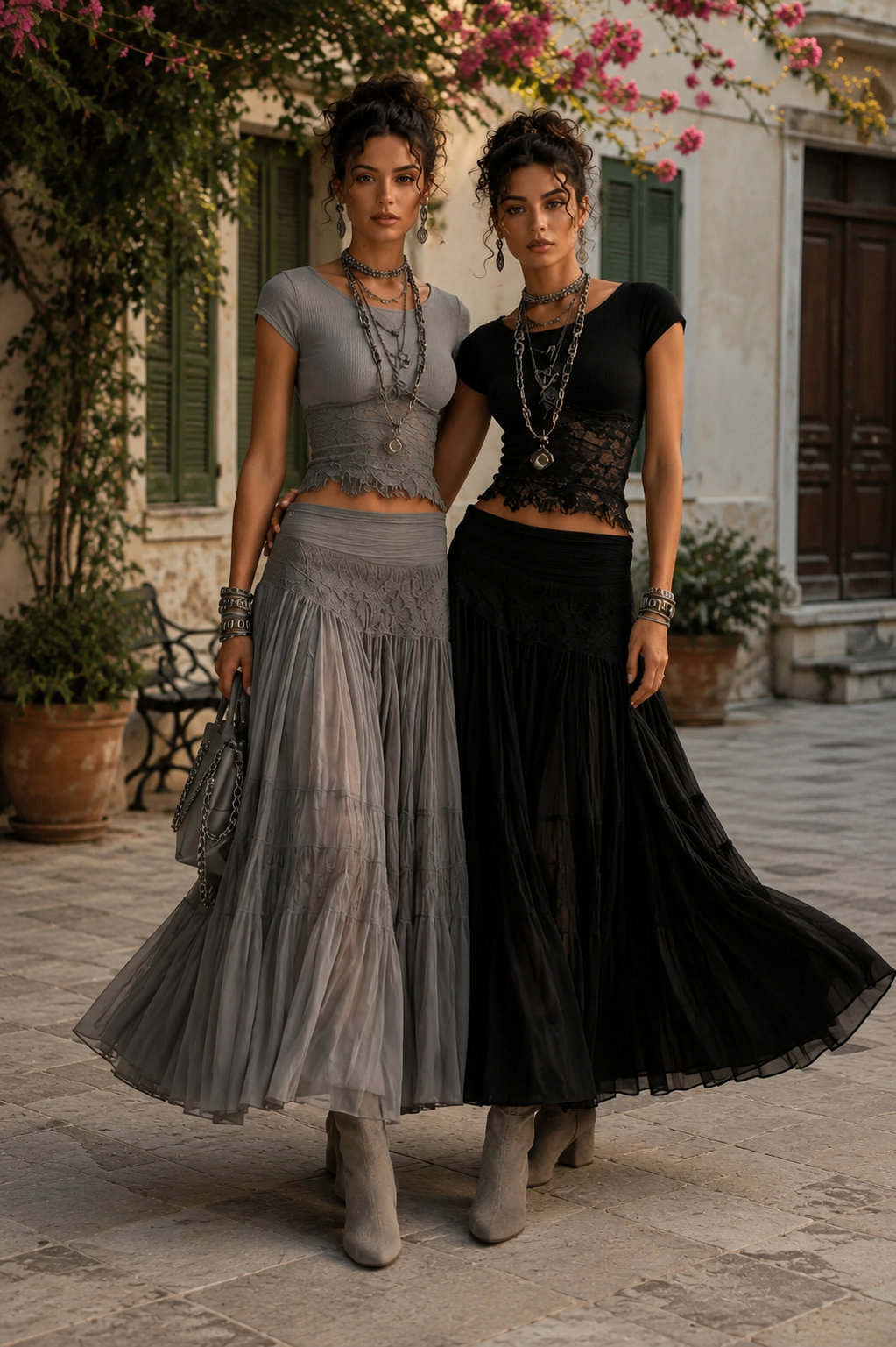 Bohemian Knit Top and Tiered Maxi Skirt Set