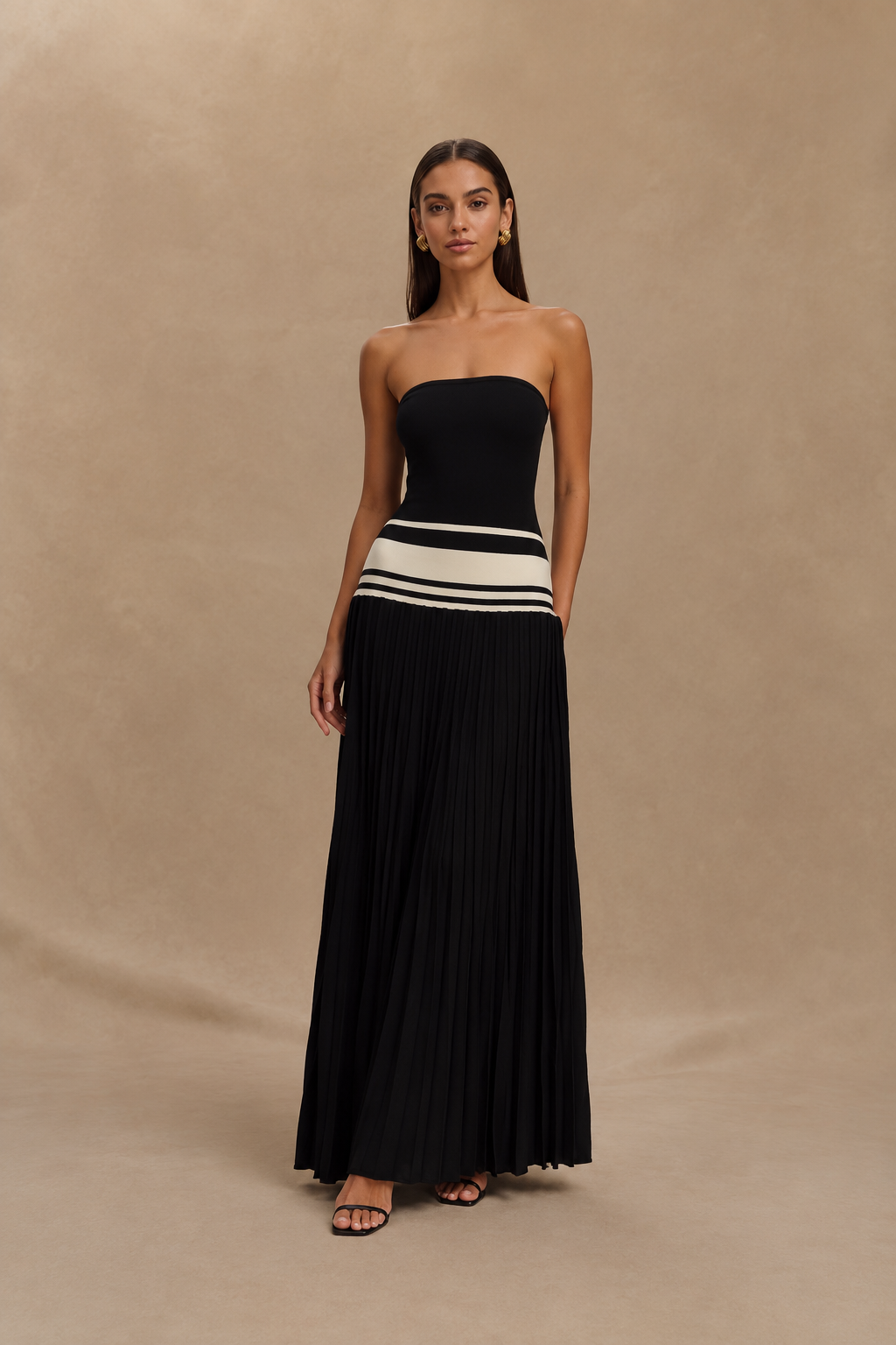 Strapless Pleated Contrast Maxi Dress