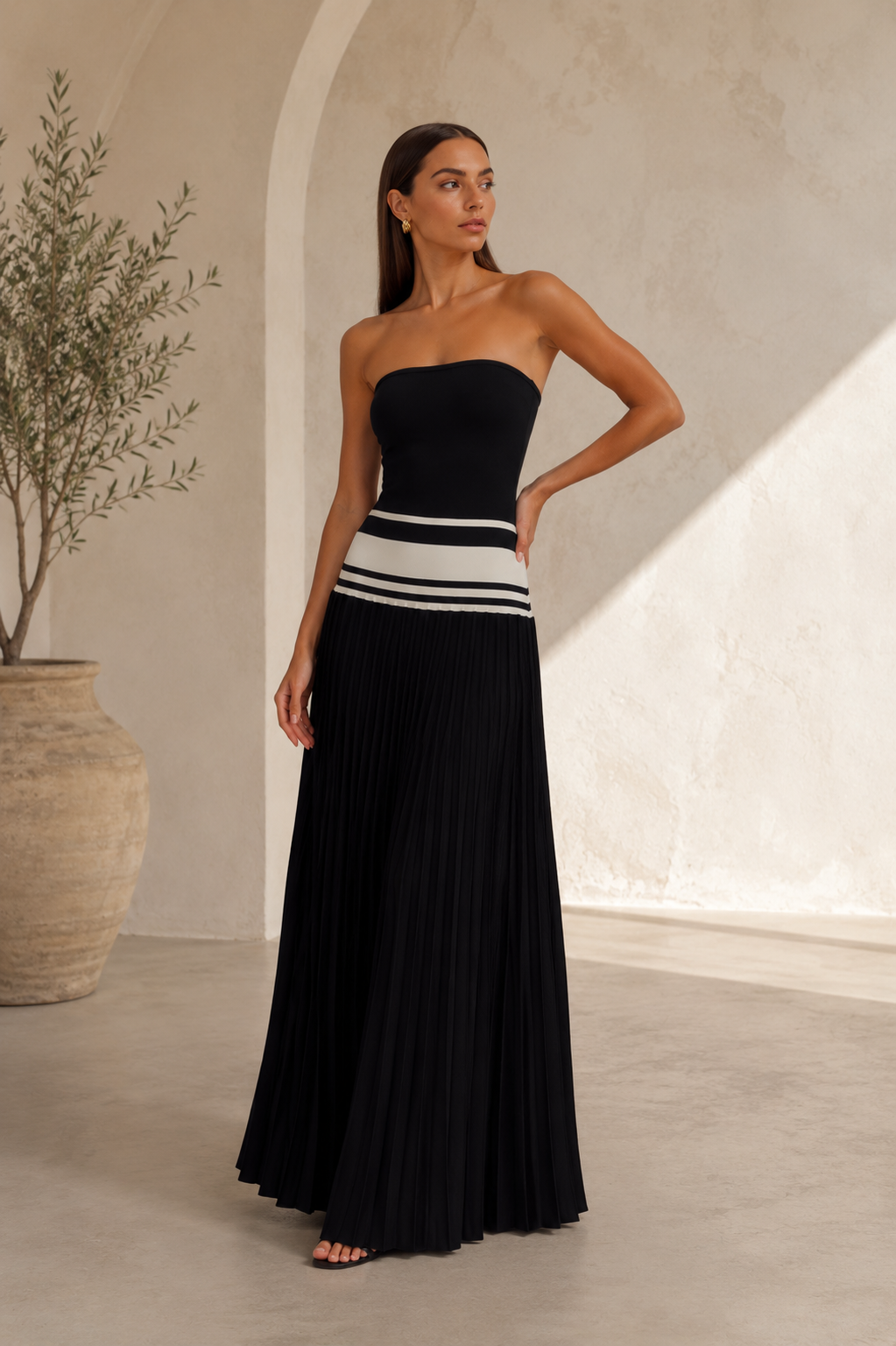 Strapless Pleated Contrast Maxi Dress