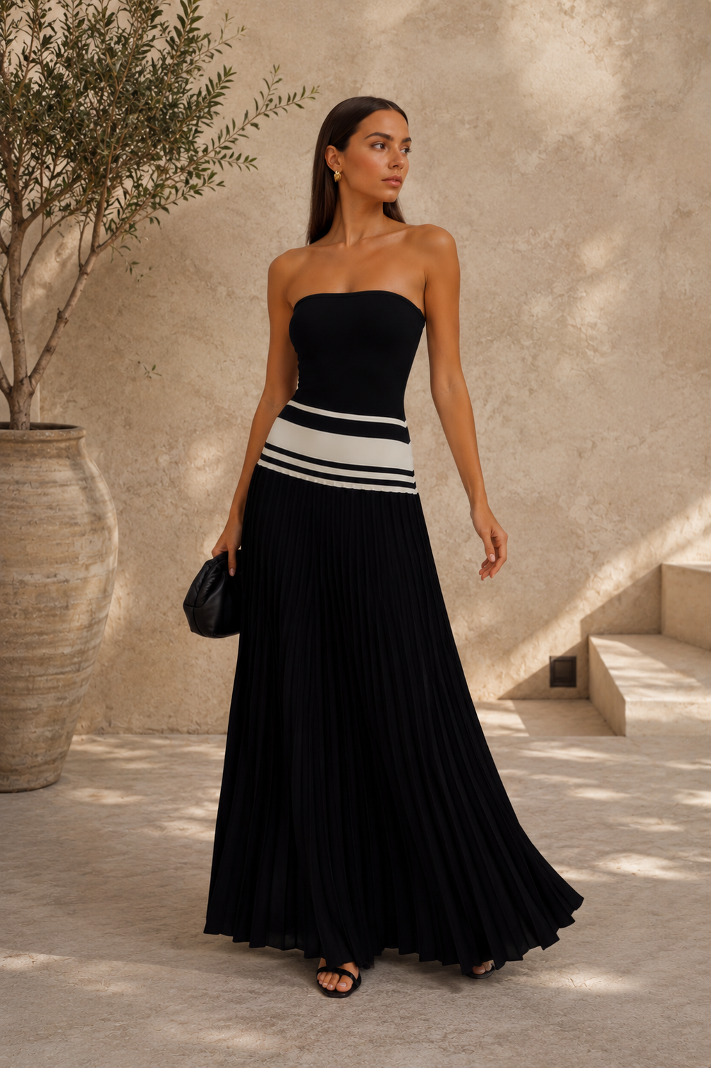 Strapless Pleated Contrast Maxi Dress
