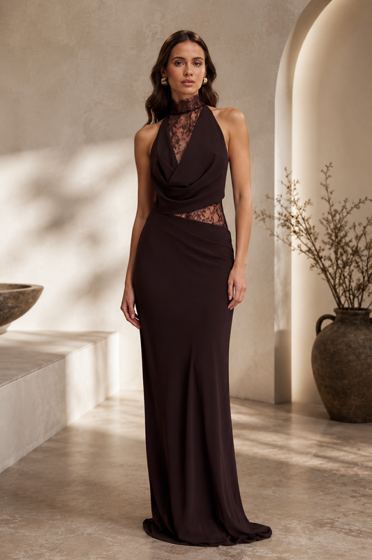 Lace Halter Chiffon Maxi Dress