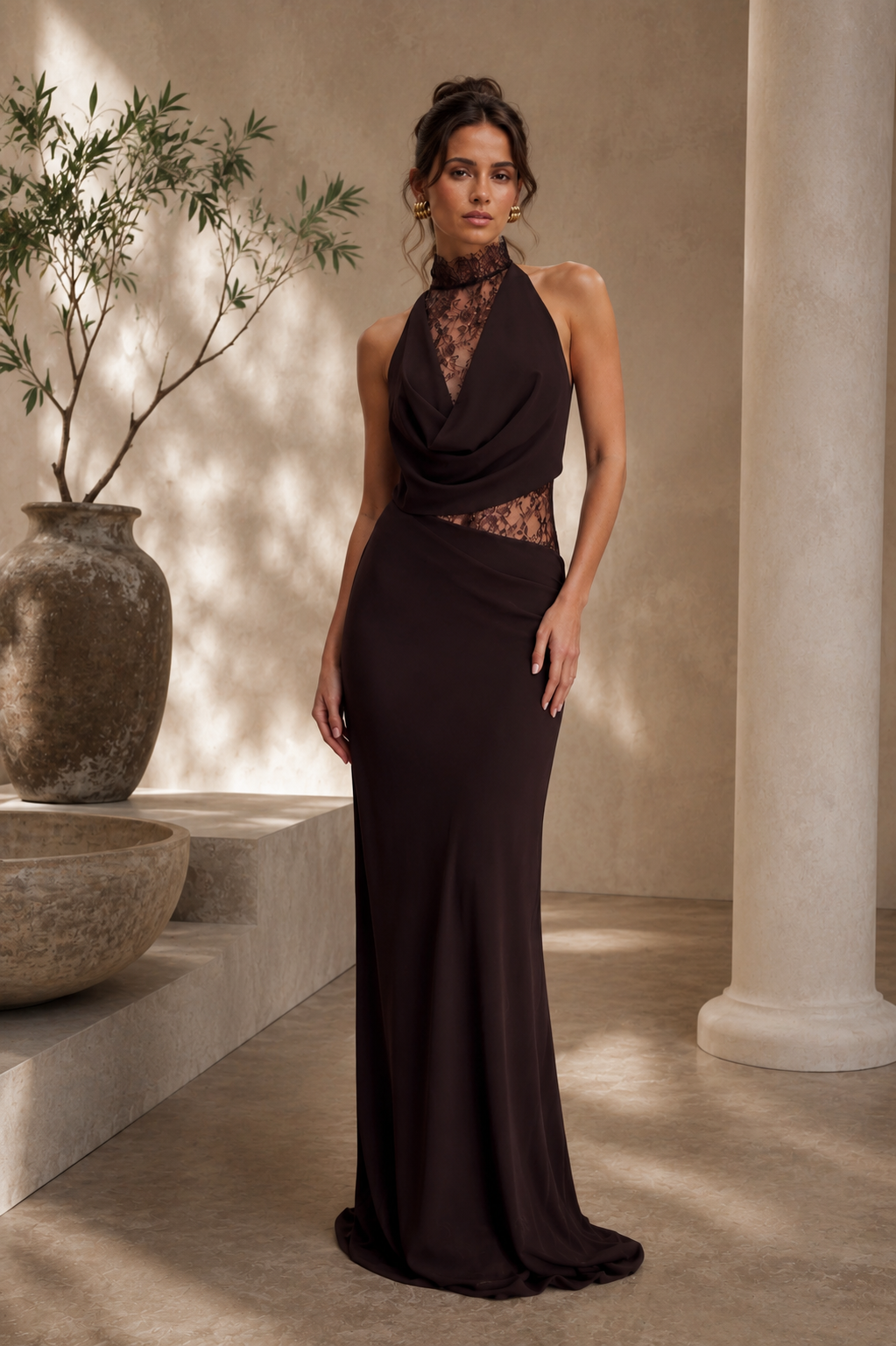 Lace Halter Chiffon Maxi Dress