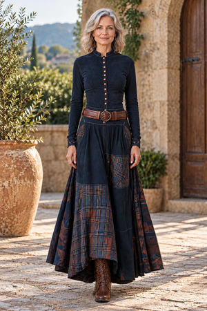 Suede Plaid Patchwork Dress with Belt