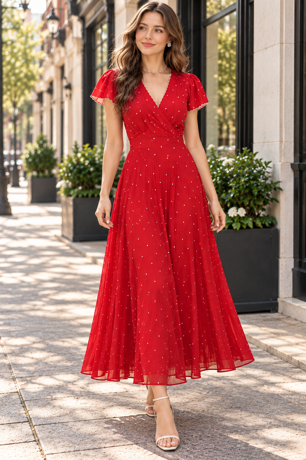 Red Polka Dot Puff Sleeve Maxi Dress