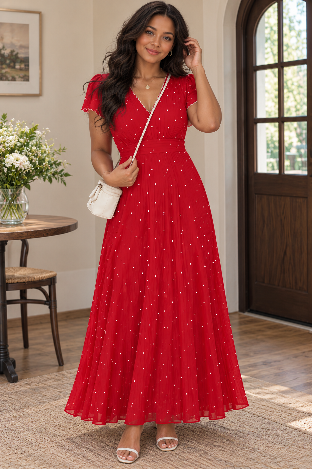 Red Polka Dot Puff Sleeve Maxi Dress