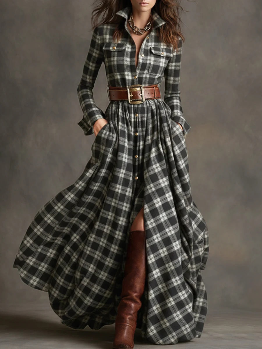Elara Plaid Maxi Dress with Belt