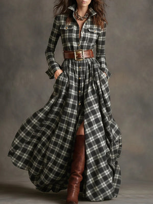 Elara Plaid Maxi Dress with Belt