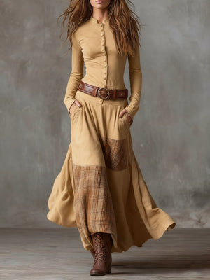 Suede Plaid Patchwork Dress with Belt