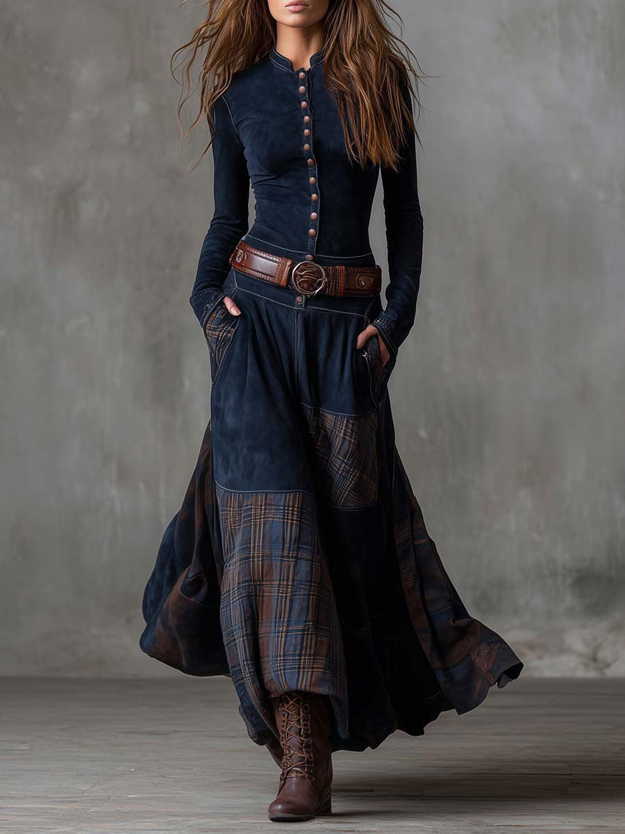 Suede Plaid Patchwork Dress with Belt