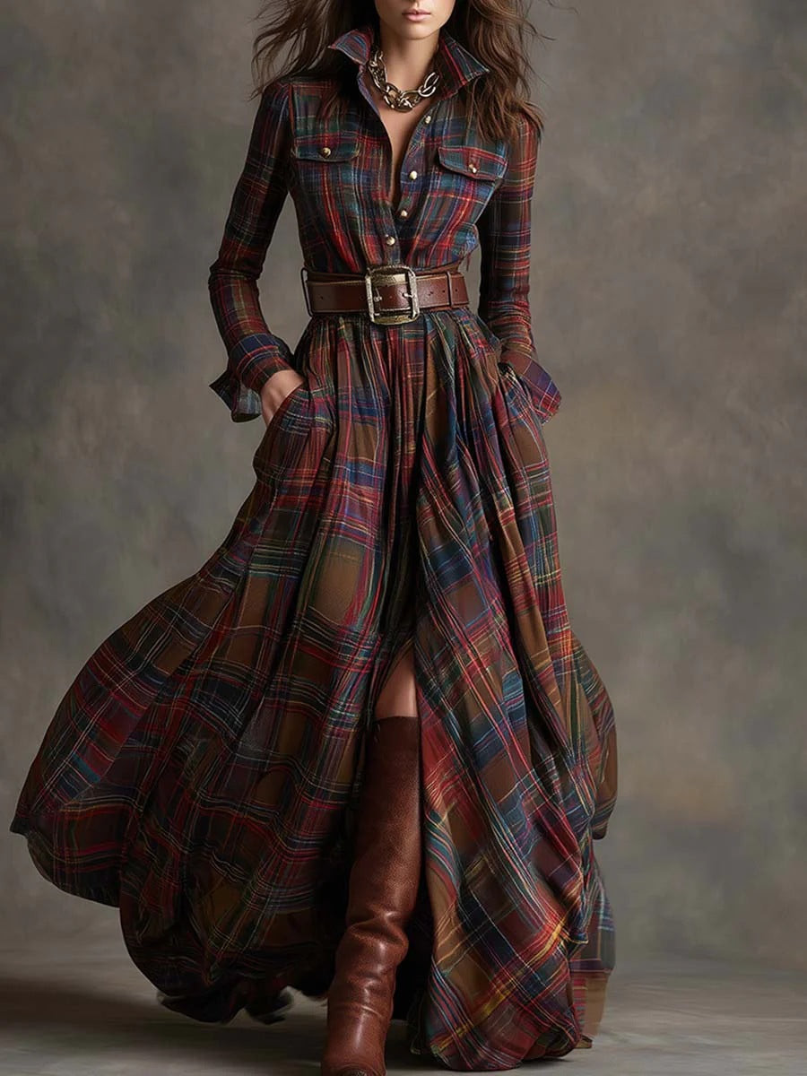 Elara Plaid Maxi Dress with Belt