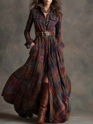 Elara Plaid Maxi Dress with Belt