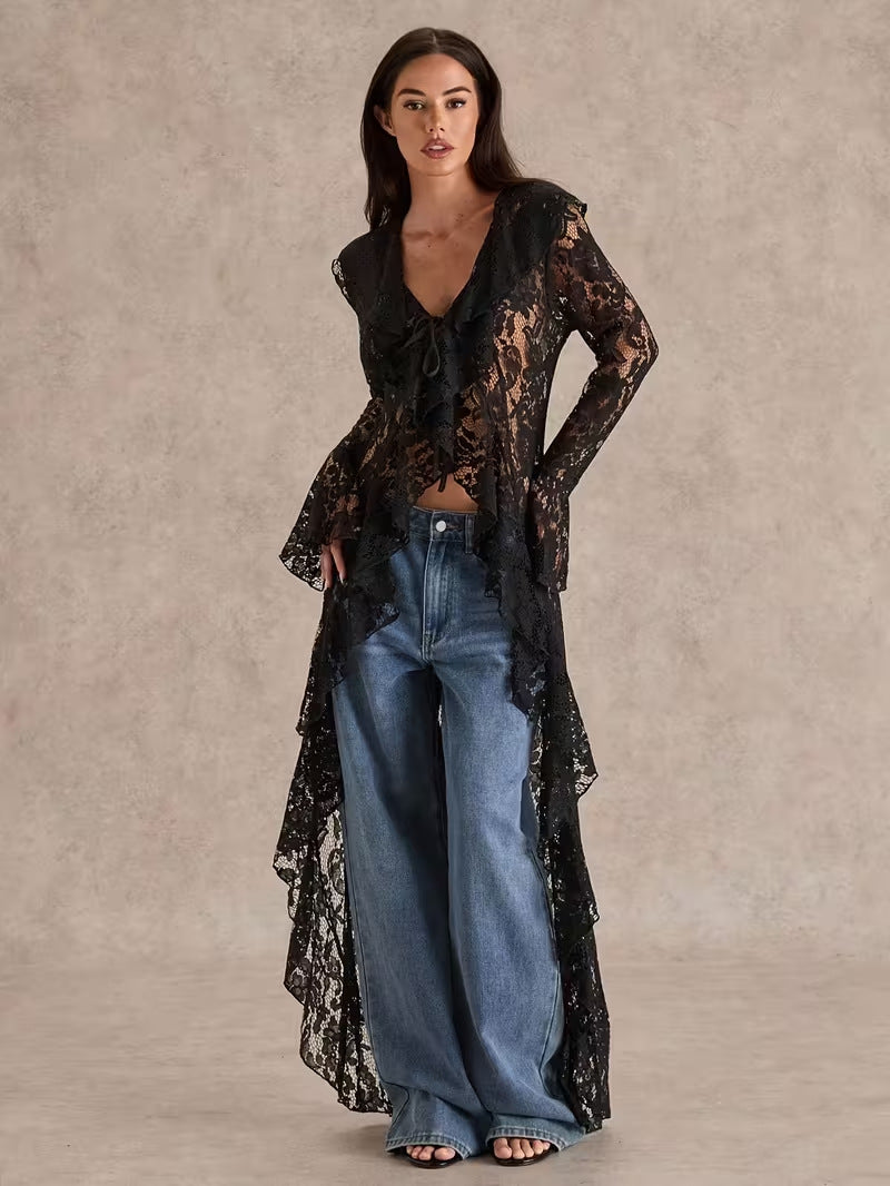 Sheer Black Lace Duster Top