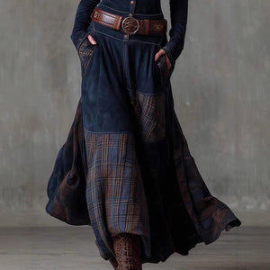 Suede Plaid Patchwork Dress with Belt