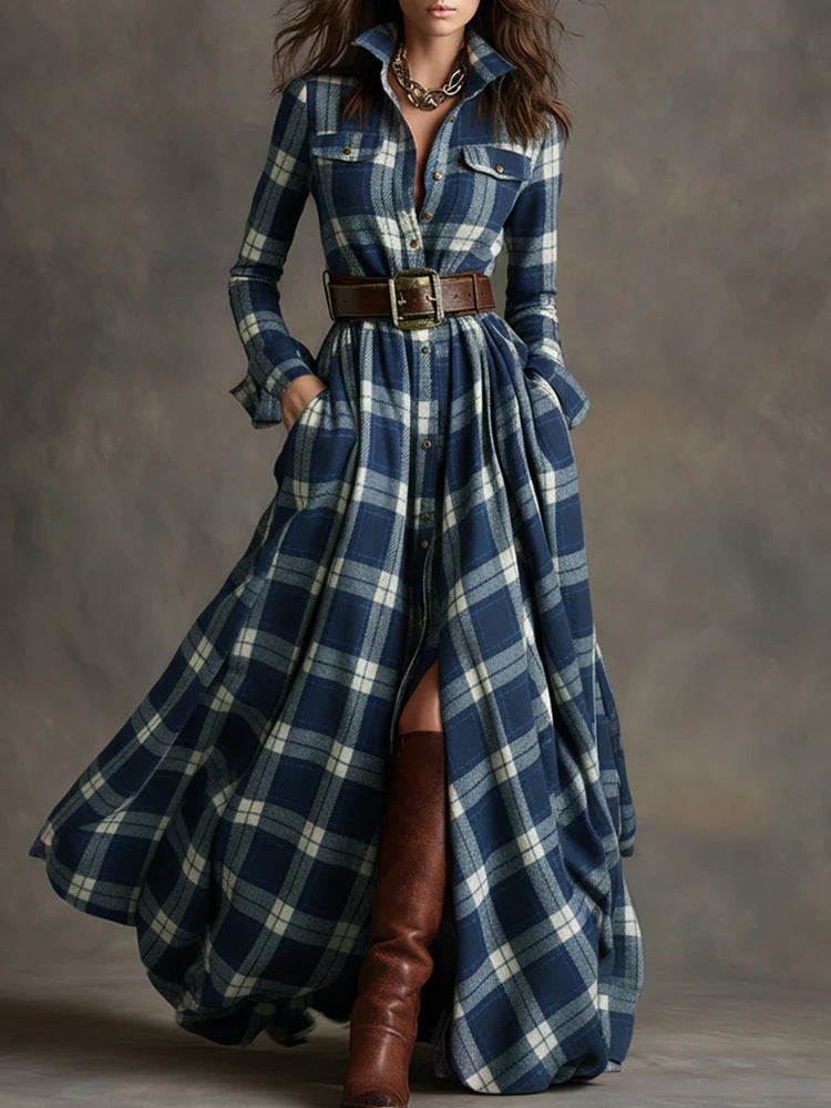 Elara Plaid Maxi Dress with Belt