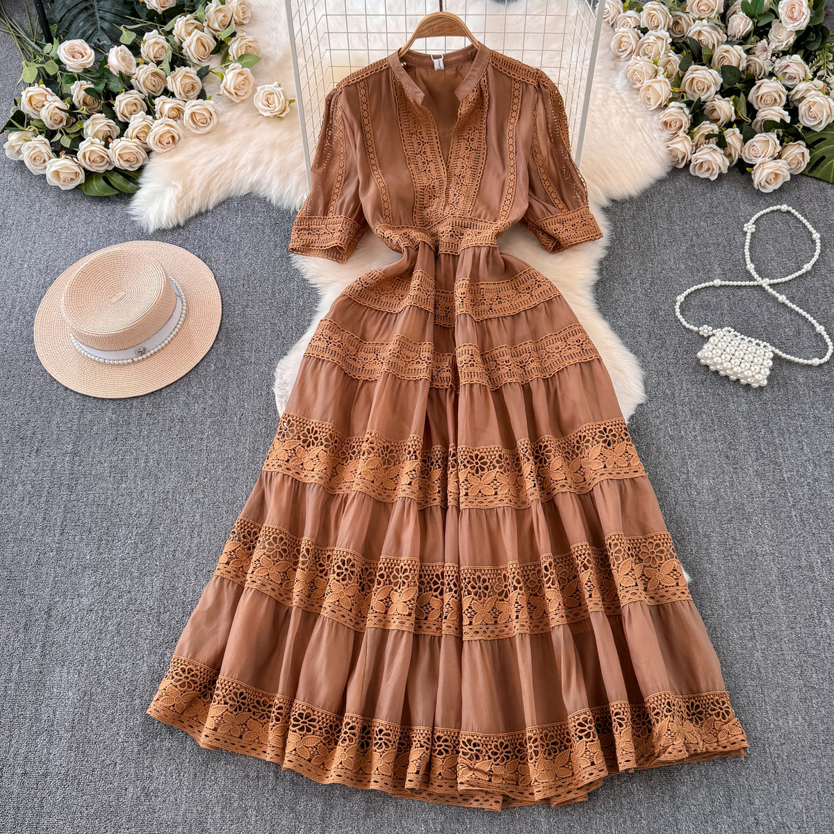 Elegant Lace Tiered Maxi Dress