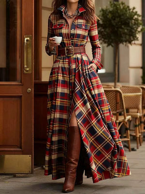 Elara Plaid Maxi Dress with Belt