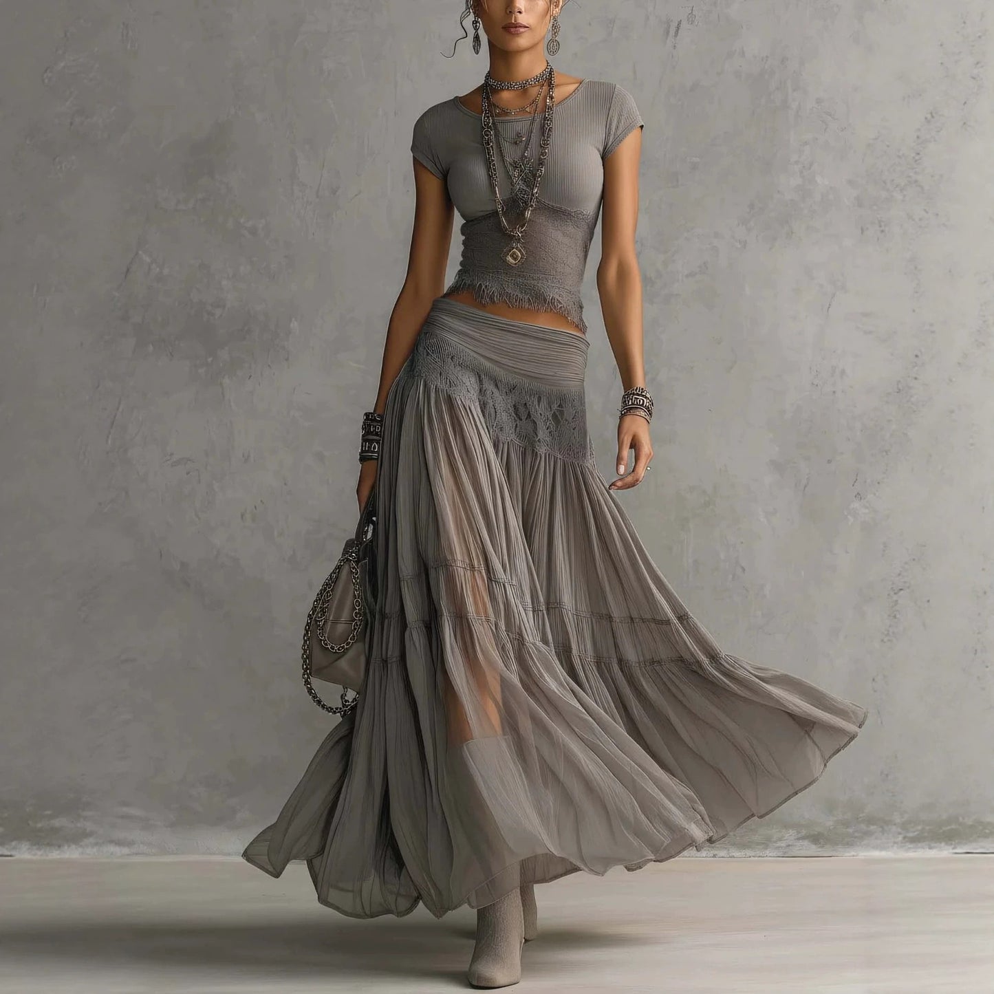 Midnight Lace Boho Maxi Skirt Set