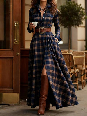 Elara Plaid Maxi Dress with Belt