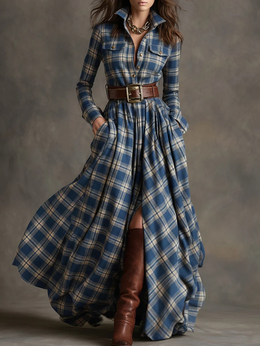 Elara Plaid Maxi Dress with Belt