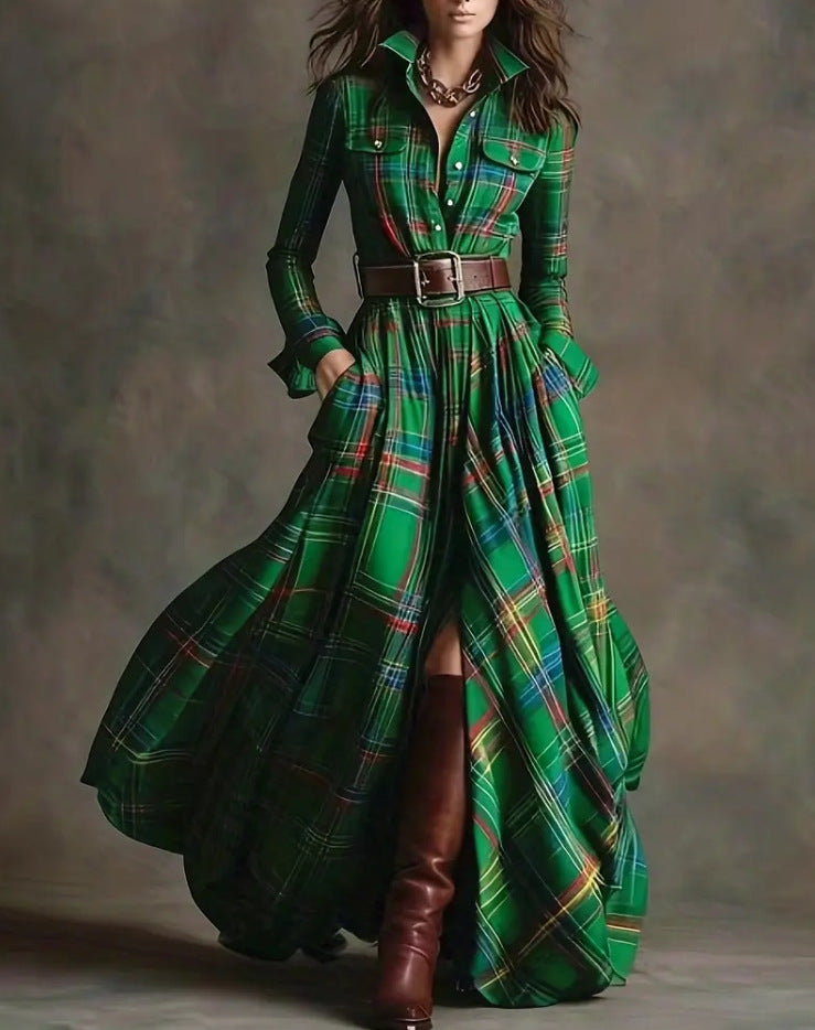 Elara Plaid Maxi Dress with Belt