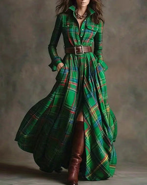 Elara Plaid Maxi Dress with Belt
