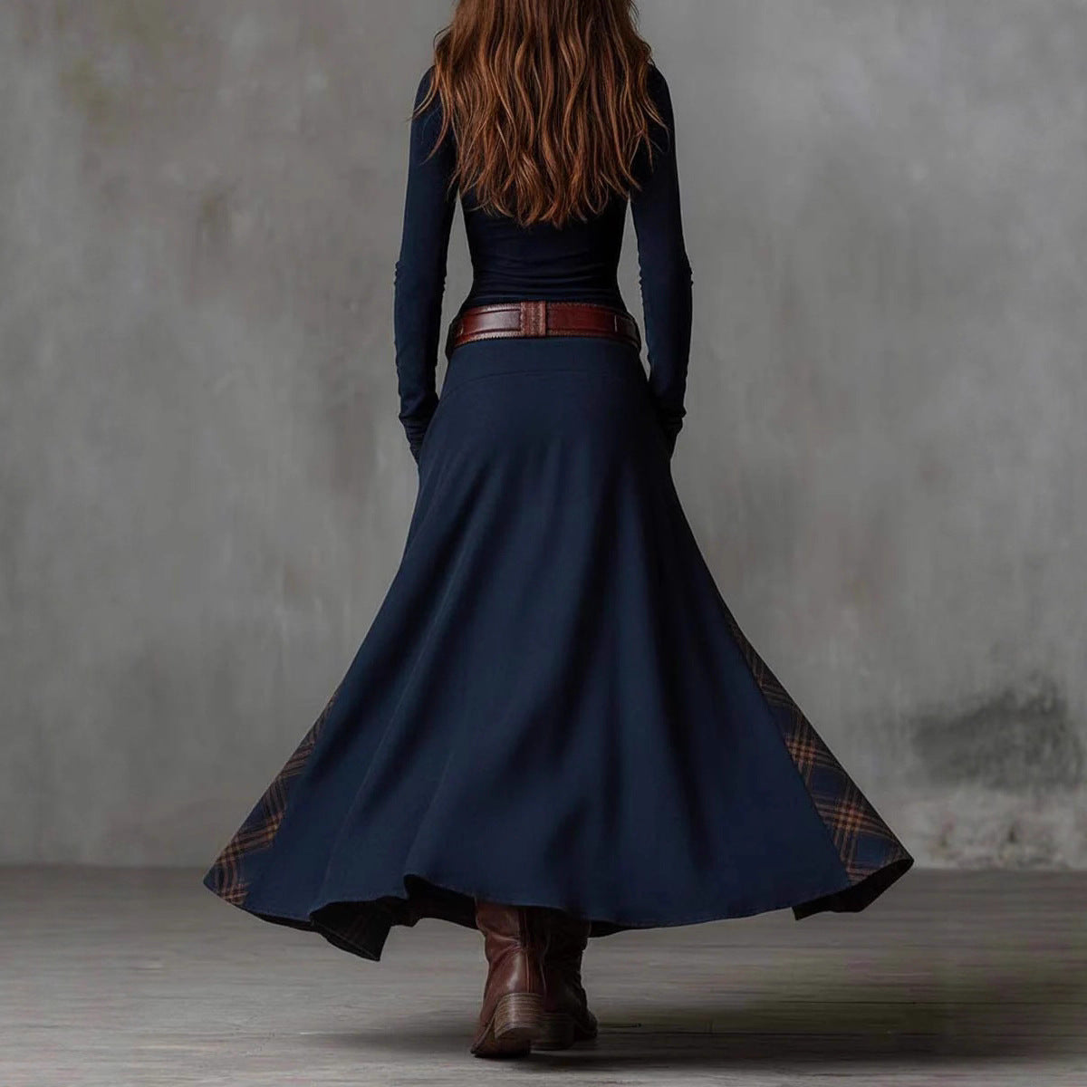 Suede Plaid Patchwork Dress with Belt