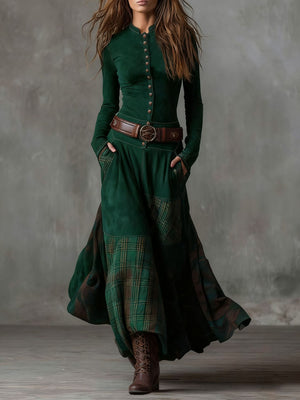 Suede Plaid Patchwork Dress with Belt