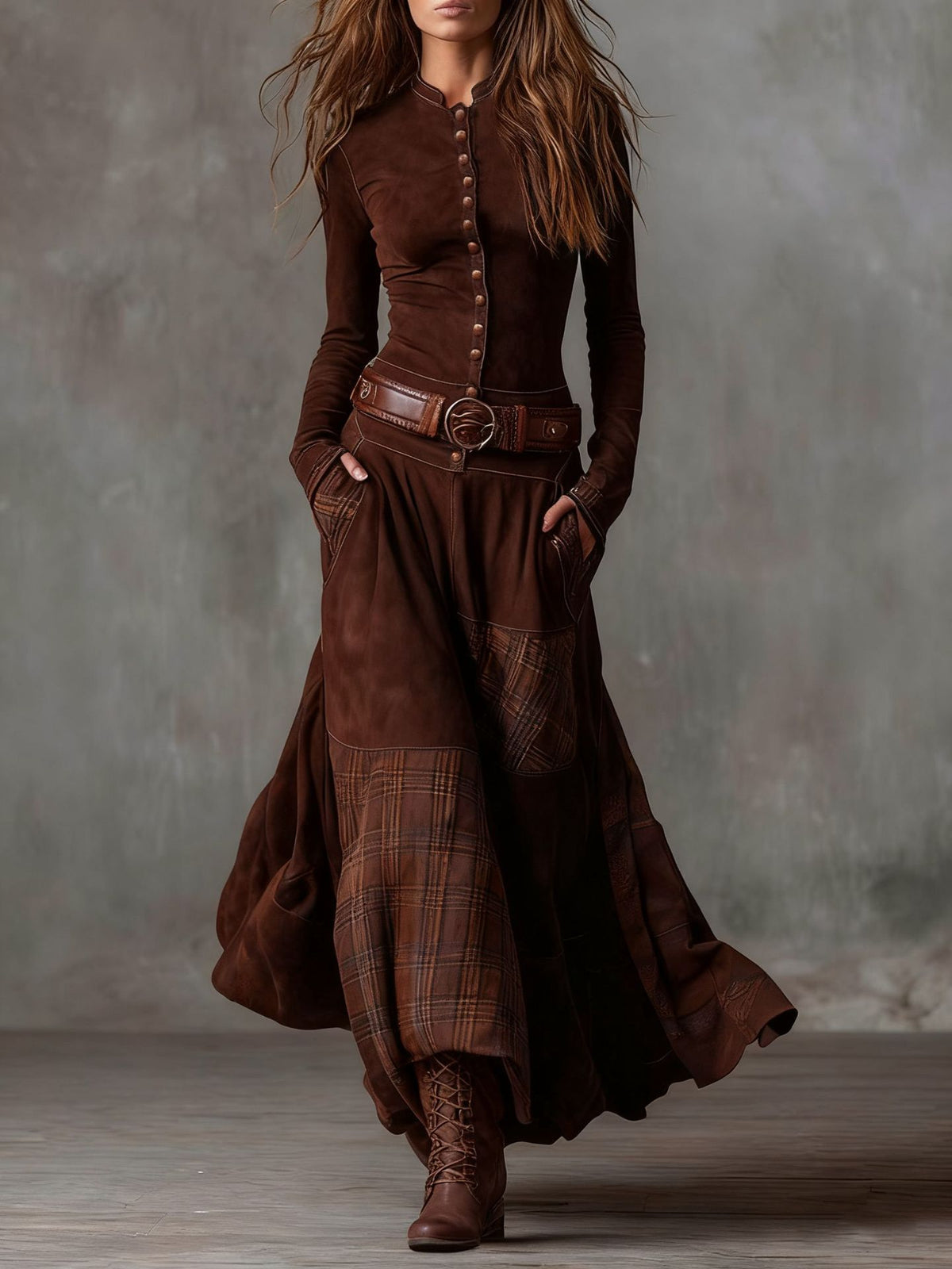 Suede Plaid Patchwork Dress with Belt