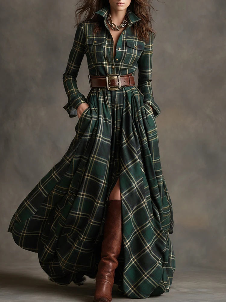 Elara Plaid Maxi Dress with Belt