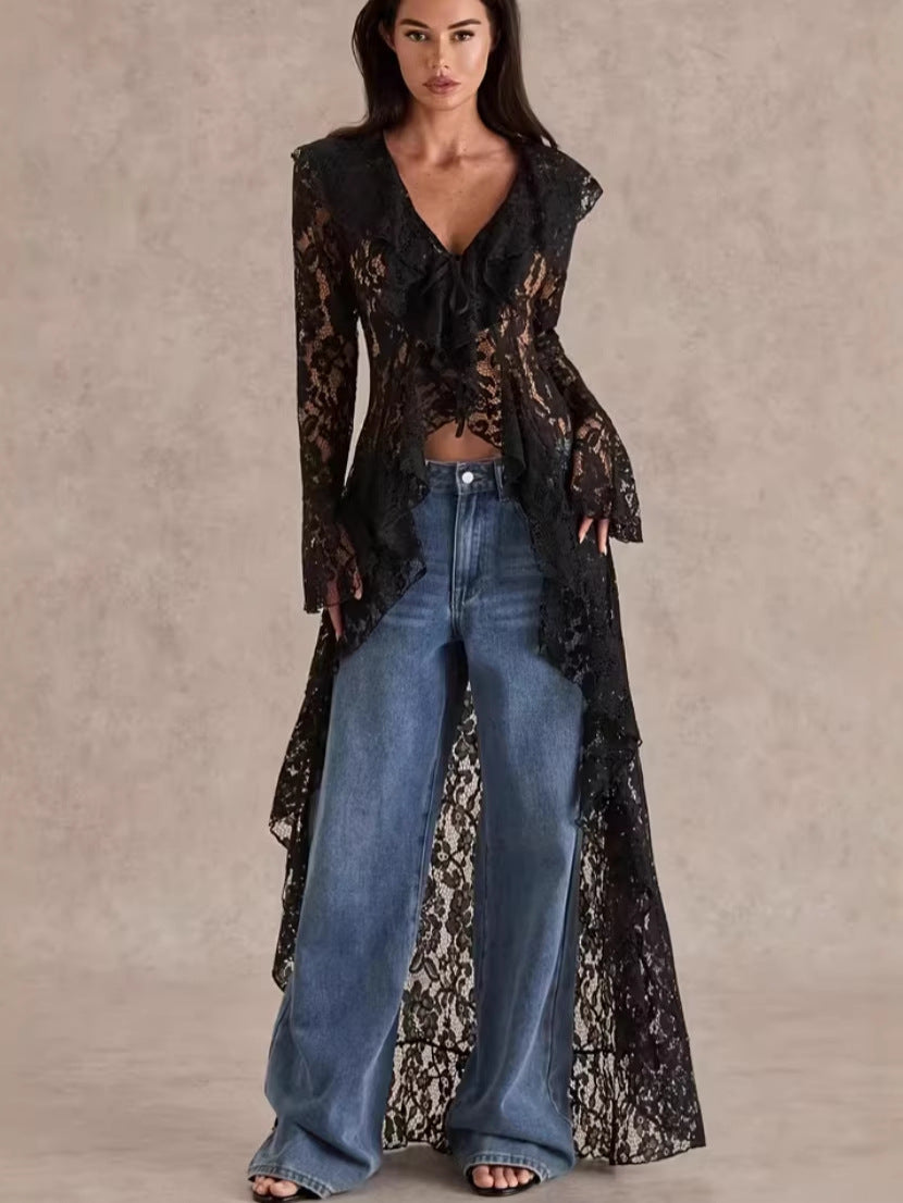Sheer Black Lace Duster Top